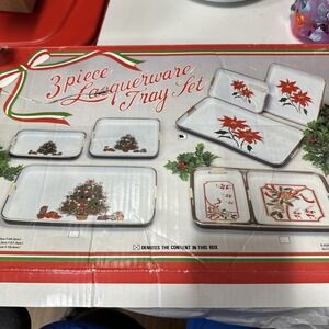 Vintage Lacquerware‎ 3 Tray Christmas MCM Tree Angel Presents Candles Gold Japan